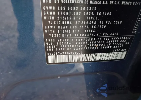 2018 Volkswagen Tiguan 2.0T Se/2.0T Sel из США, поврежденный, VIN 3VV2B7AX9JM020223